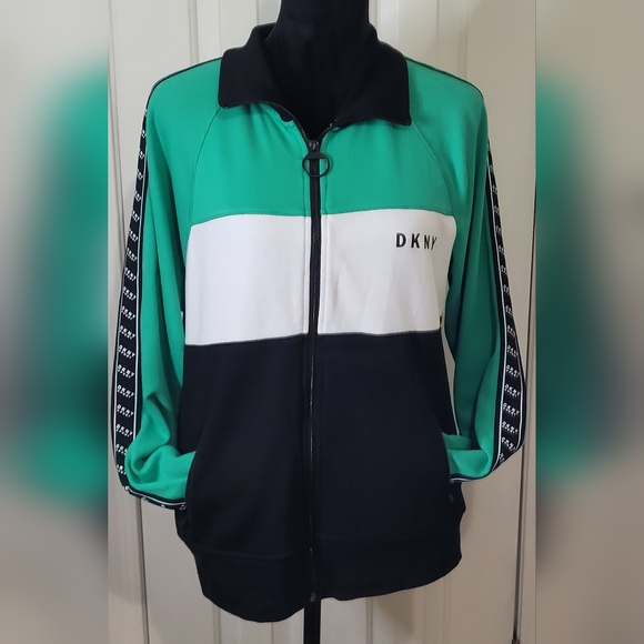 DKNY Sport Tops - DKNY Sport Women's Colorblock Logo Tape Track Zip Jacket Green, Black Size XL